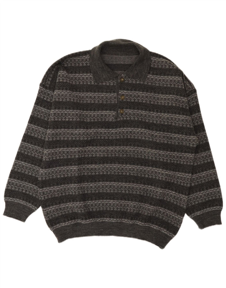 Vintage herre polo hals sweater stor grå stribet