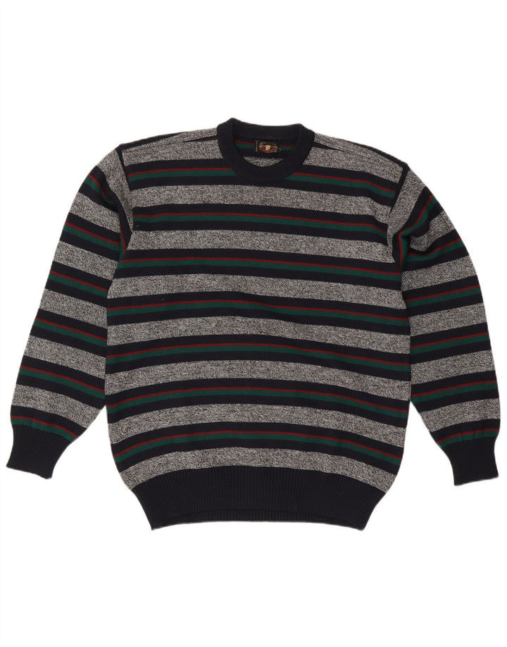 Vintage herre sweater med rund hals XL grå stribet uld