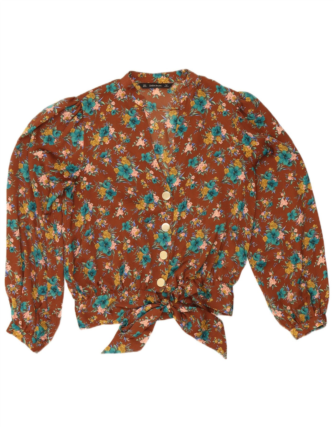 Zara skjortebluse til kvinder UK 10 Small Brown Floral Polyester