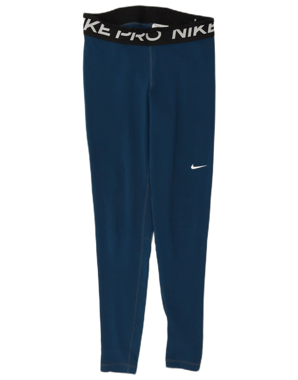 Nike Dame Dri Fit Grafiske Leggings UK 10 Small Blue Colourblock Polyester