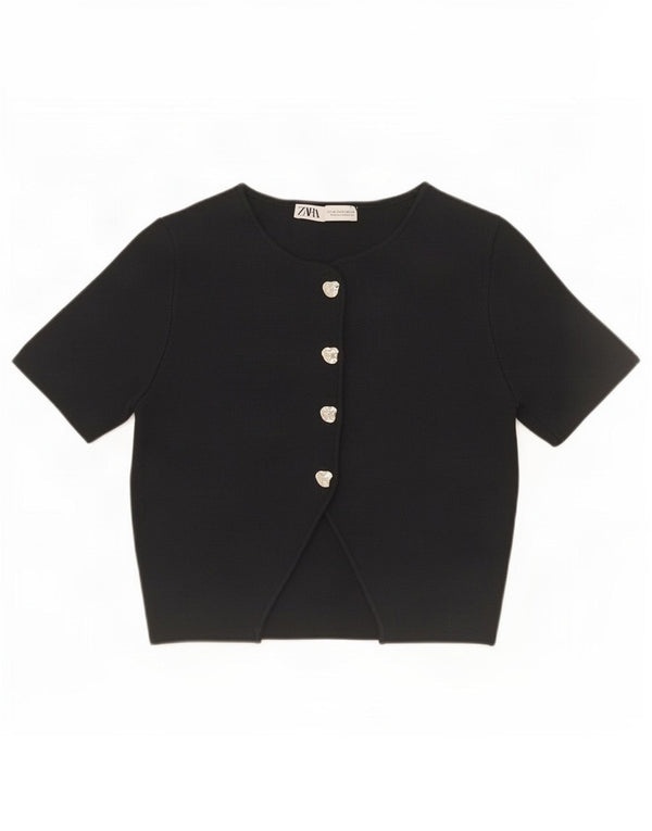 Zara Womens Crop Kortærmet Cardigan Top UK 14 Medium Black Viscose