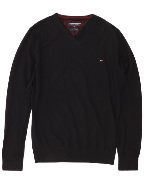 TOMMY HILFIGER Mens V-Neck Jumper Sweater Medium Black Lambswool