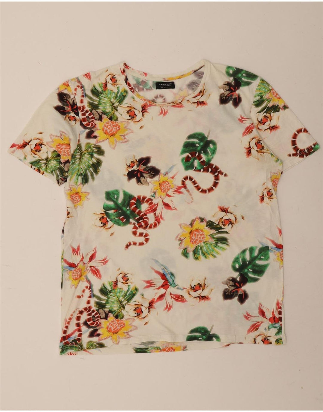 Zara Herre Grafisk T-Shirt Top XL Hvid Blomster