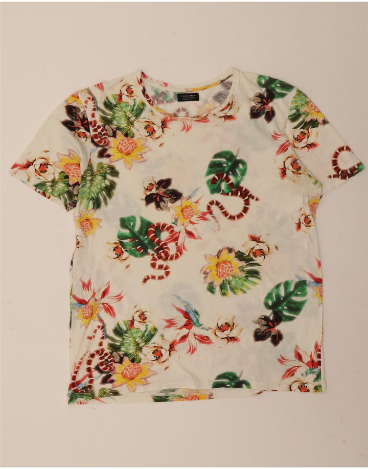 Zara Herre Grafisk T-Shirt Top XL Hvid Blomster