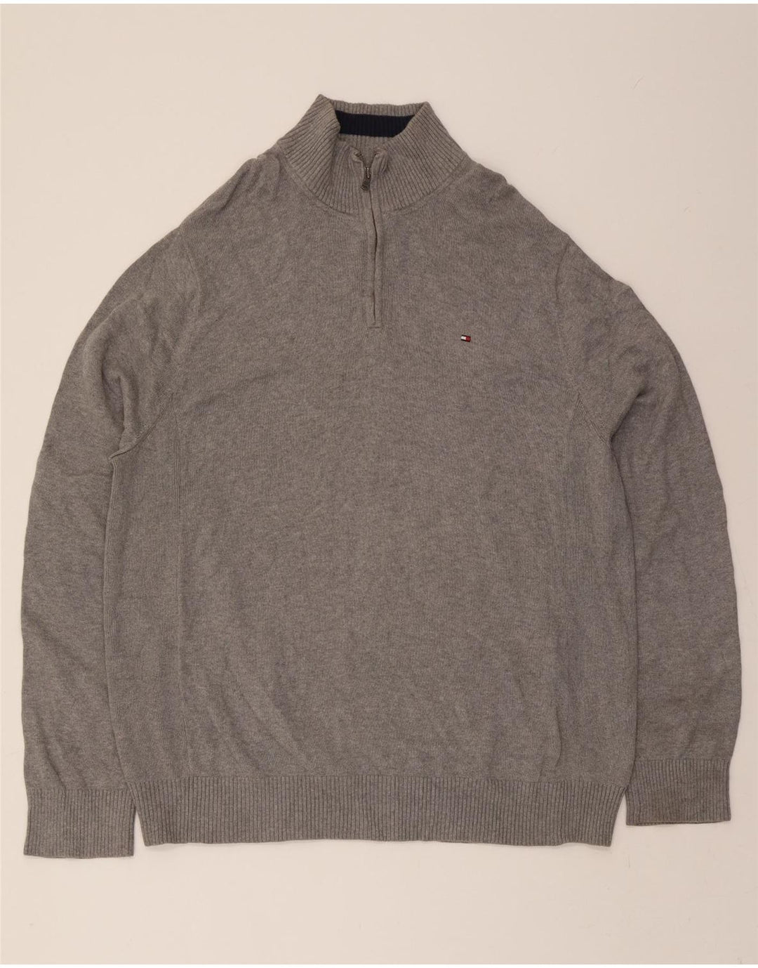 TOMMY HILFIGER Mens Zip Neck Jumper Sweater 2XL Grey Cotton Vintage Tommy Hilfiger and Second-Hand Tommy Hilfiger from Messina Hembry 