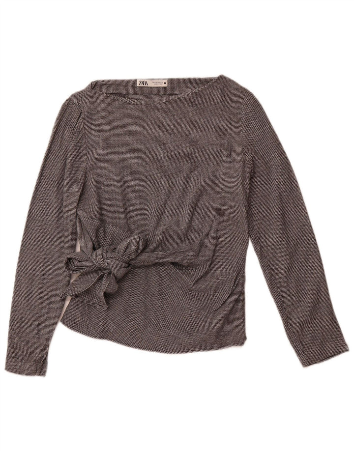 ZARA langærmet blusetop til kvinder UK 12 Medium Grey Houndstooth Viscose