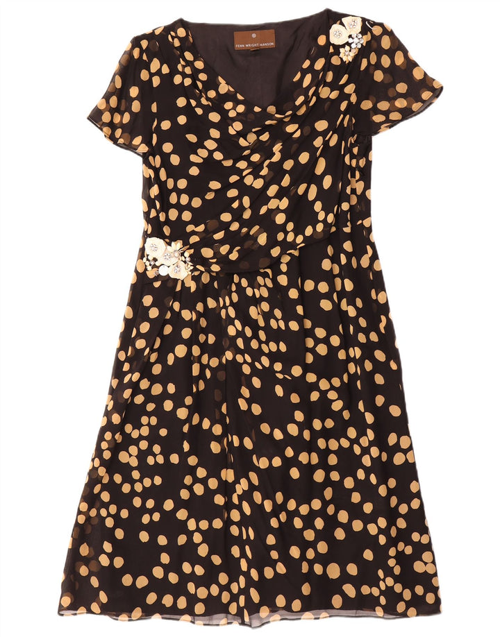 Fenn Wright Manson Dame A-Line Kjole UK 14 Stor Sort Plettet Silke