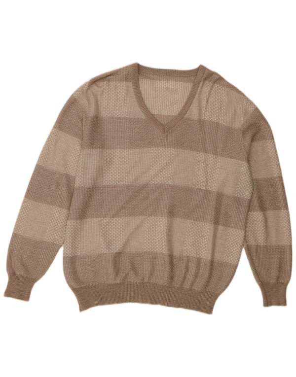 Vintage herre V-hals sweater IT 56 XL brun stribet akryl