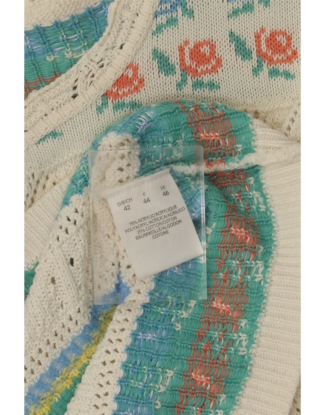 VINTAGE Dame Boat Neck Jumper Sweater IT 46 Large White Floral Acryl