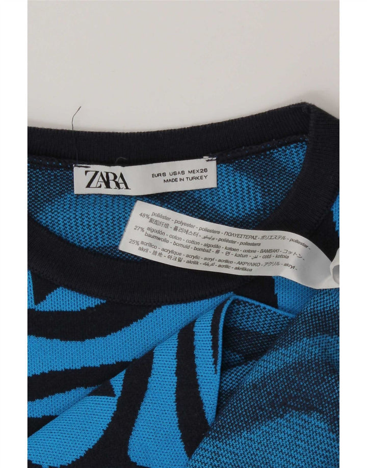Zara Kvinders abstrakt mønster Crop Top Langærmet UK 8 Small Blue Polyester