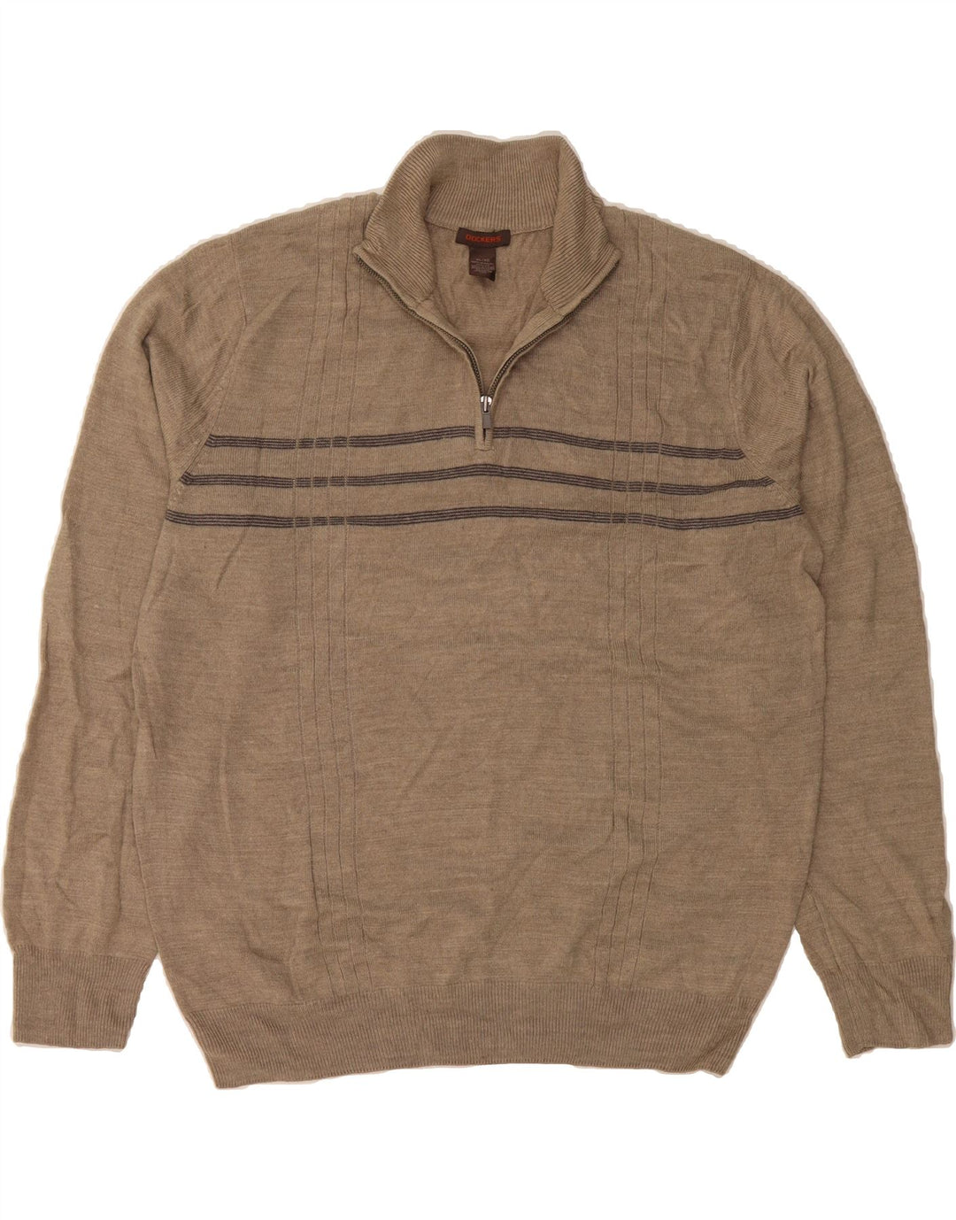 DOCKERS Mens Zip Neck Jumper Sweater XL Brown Striped Acrylic Vintage Dockers and Second-Hand Dockers from Messina Hembry 
