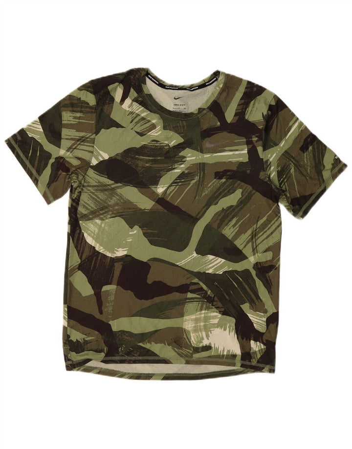 Nike Herre Dri Fit T-Shirt Top Lille Khaki Geometrisk Polyester
