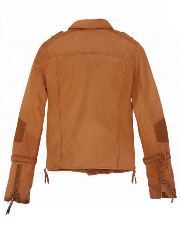 True Religion Dame Læder Biker Jacket UK 10 Small Beige Colourblock