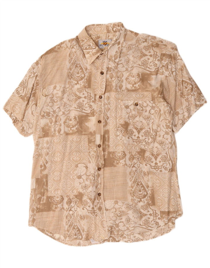 Vintage kortærmet herreskjorte medium brun blomsterviscose
