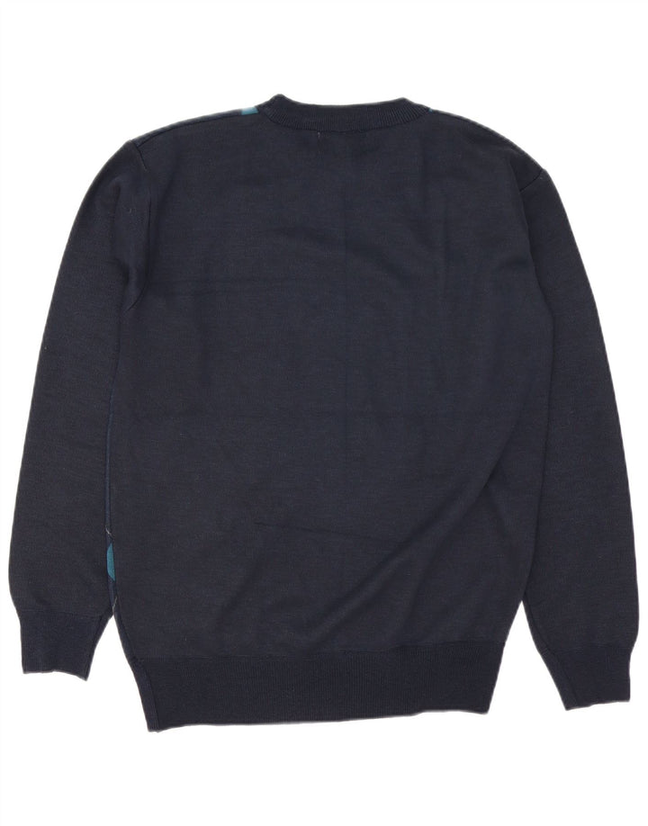 Vintage herre rund hals sweater stor marineblå Argyle/diamant uld