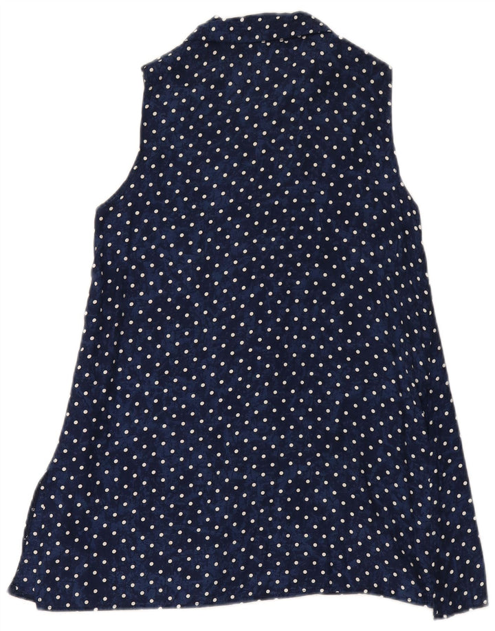 VINTAGE ærmeløs skjortebluse til kvinder EU 34 XS Marineblå Polka Dot