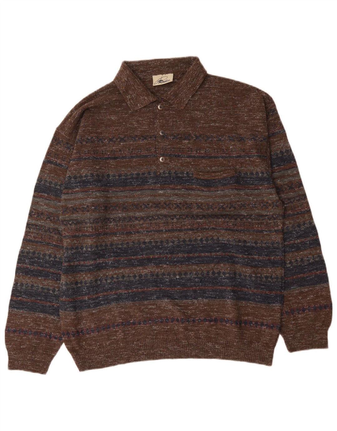 Rodes Herre Polo Neck Jumper Sweater Stor Brun Stribet Uld