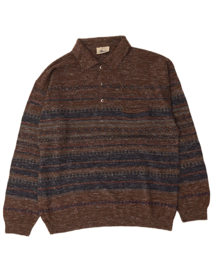 Rodes Herre Polo Neck Jumper Sweater Stor Brun Stribet Uld
