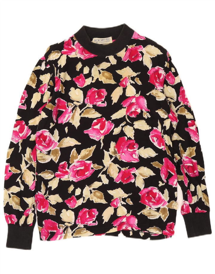 Vintage Dame Top Langærmet UK 14 Medium Black Floral Viscose