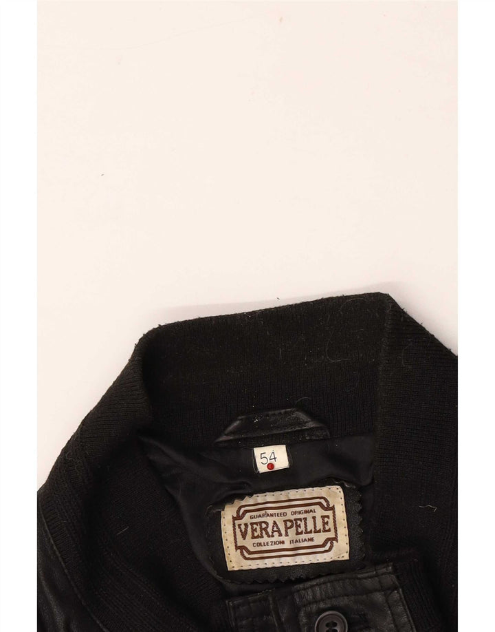 Vintage Herre Læder Bomber Jacket IT 54 2XL Sort