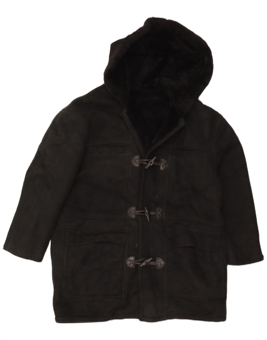Vintage Dame Hooded Oversized Shearling Coat UK 16 Large Black