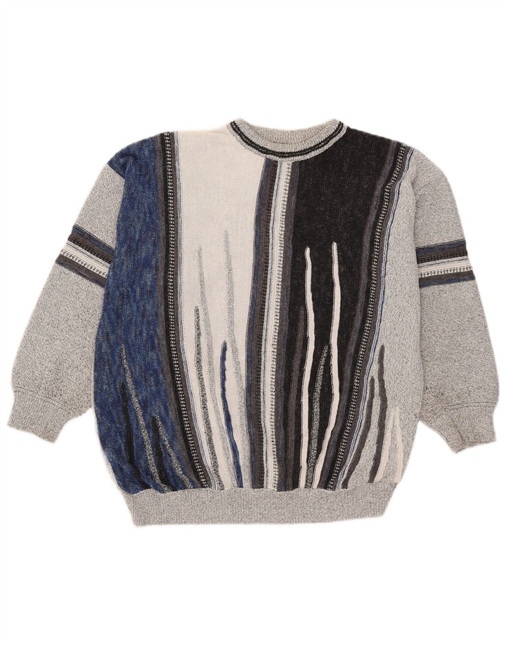Vintage herre rund hals sweater stor grå stribet bomuld
