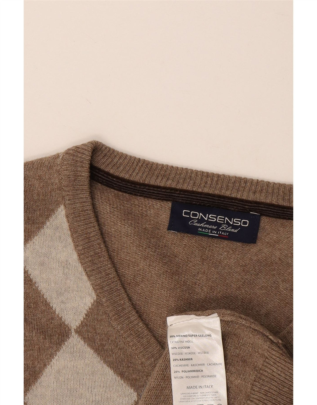 CONSENSO Herre V-hals sweater Medium Brun Argyle/Diamond Wool