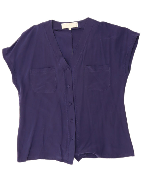 Vintage kvinders løs kortærmet skjortebluse UK 10 Small Navy Blue Silk