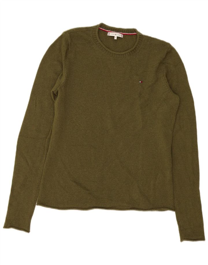 Tommy Hilfiger Dame Crew Neck Jumper Sweater UK 12 Medium Khaki Wool
