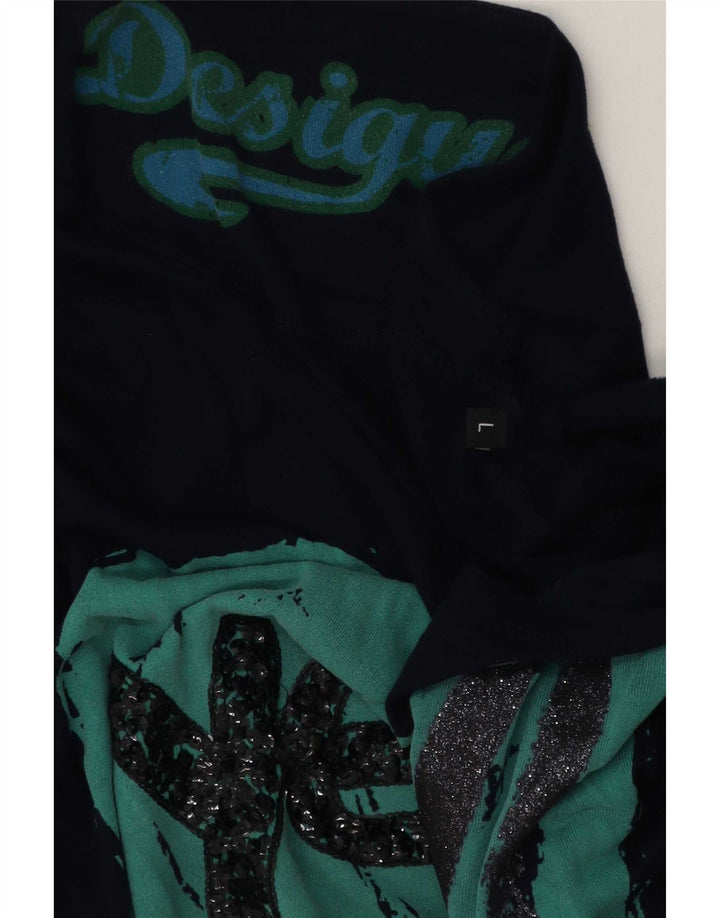 Desigual Kvinder Oversized Grafisk T-Shirt Top UK 16 Large Navy Blue