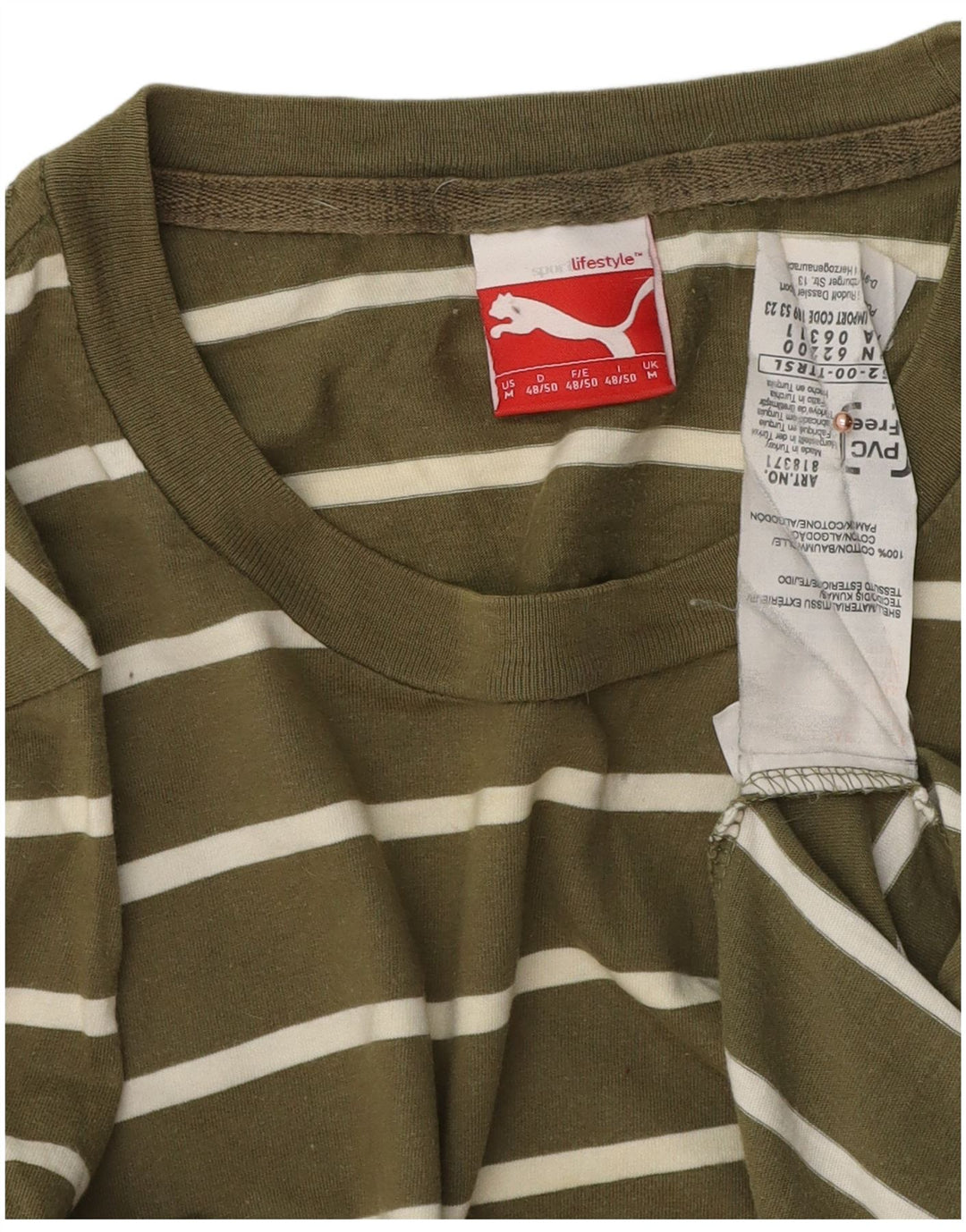 Puma Herre T-shirt Top Medium Khaki stribet bomuld