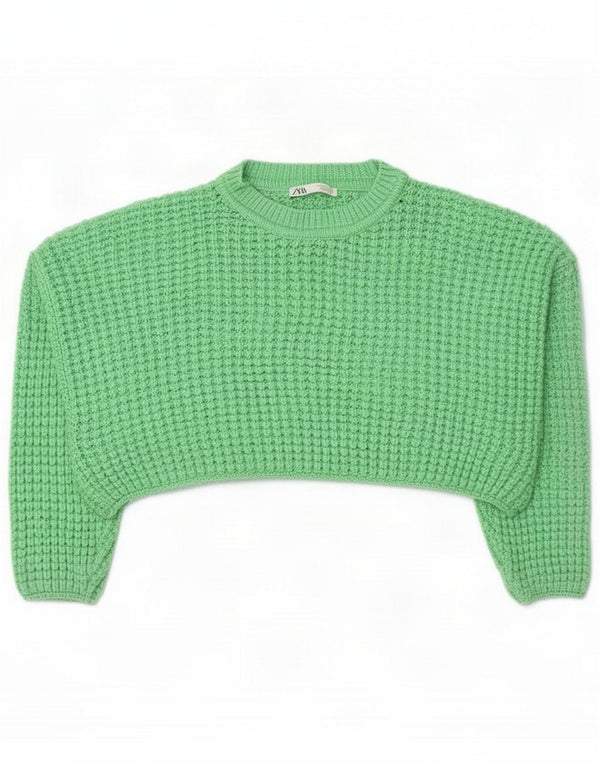 Zara Womens Crop Oversized trøjetrøje med rund hals UK 16 Large Green