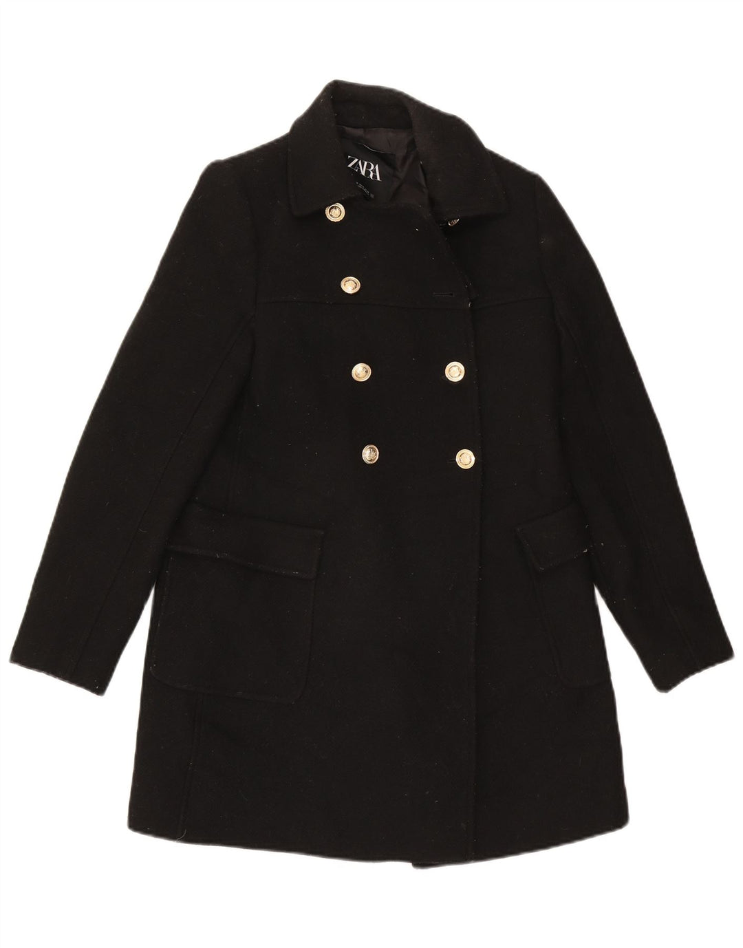 Zara Dame Dobbeltradet Frakke UK 6 XS Sort Uld