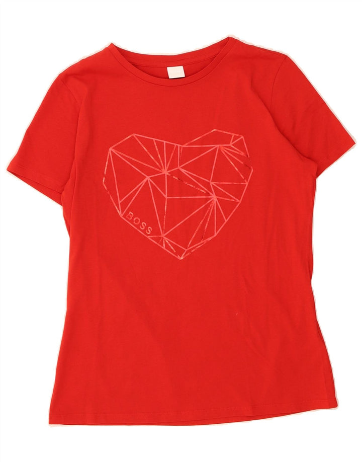HUGO BOSS Womens Graphic T-Shirt Top UK 12 Medium Red Cotton Vintage Hugo Boss and Second-Hand Hugo Boss from Messina Hembry 