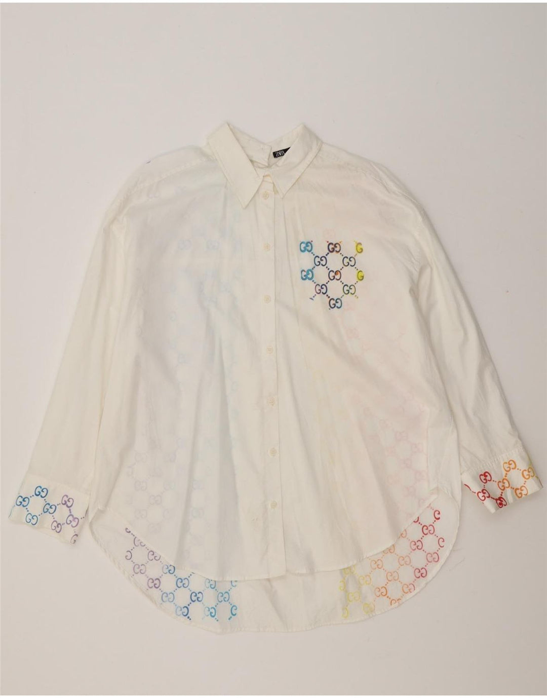 Zara Dame Oversized Skjorte UK 14 Medium Hvid Geometrisk Bomuld