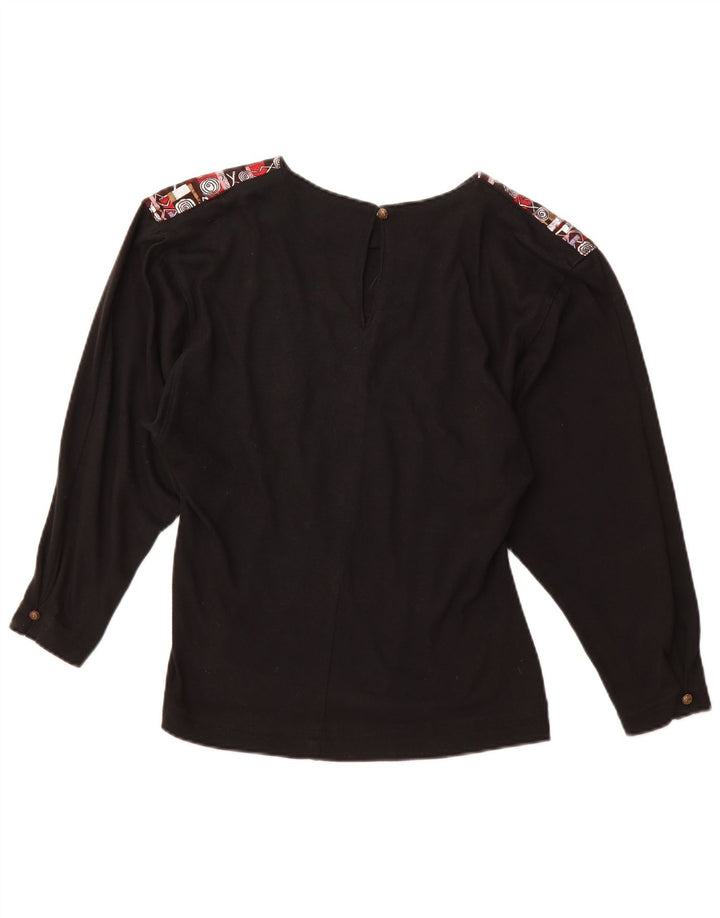 VINTAGE Grafisk Langærmet Bluse Top UK 12 Medium Sort Akryl