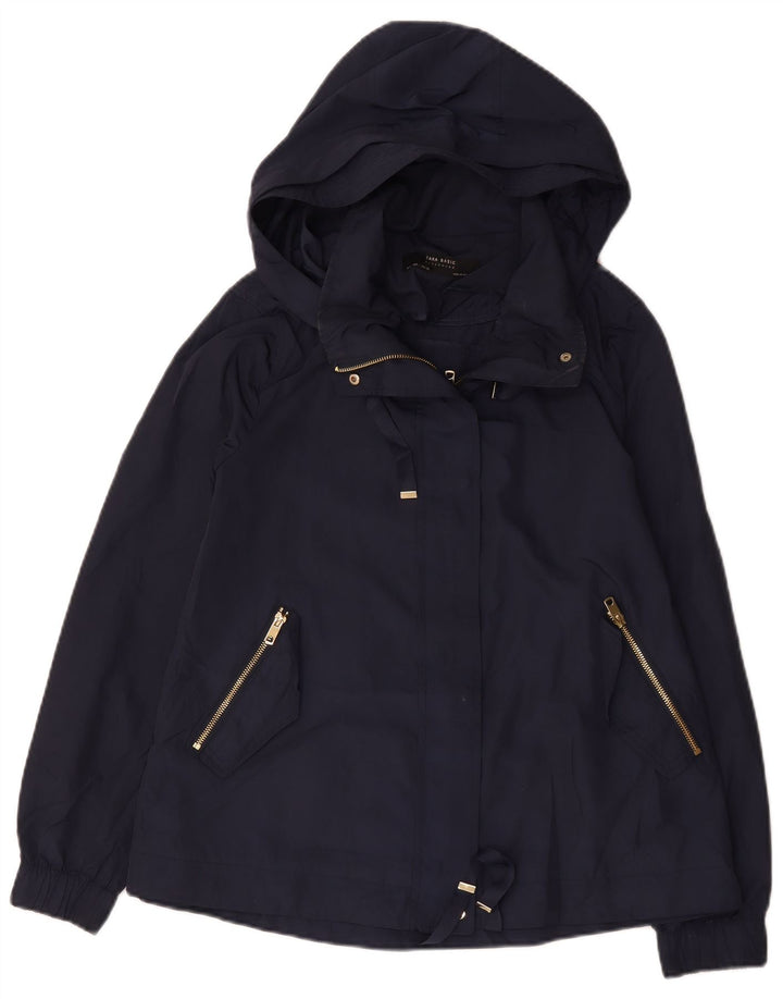 Zara Dame Hooded Bomber Jacket UK 16 Large Navy Blue Polyester