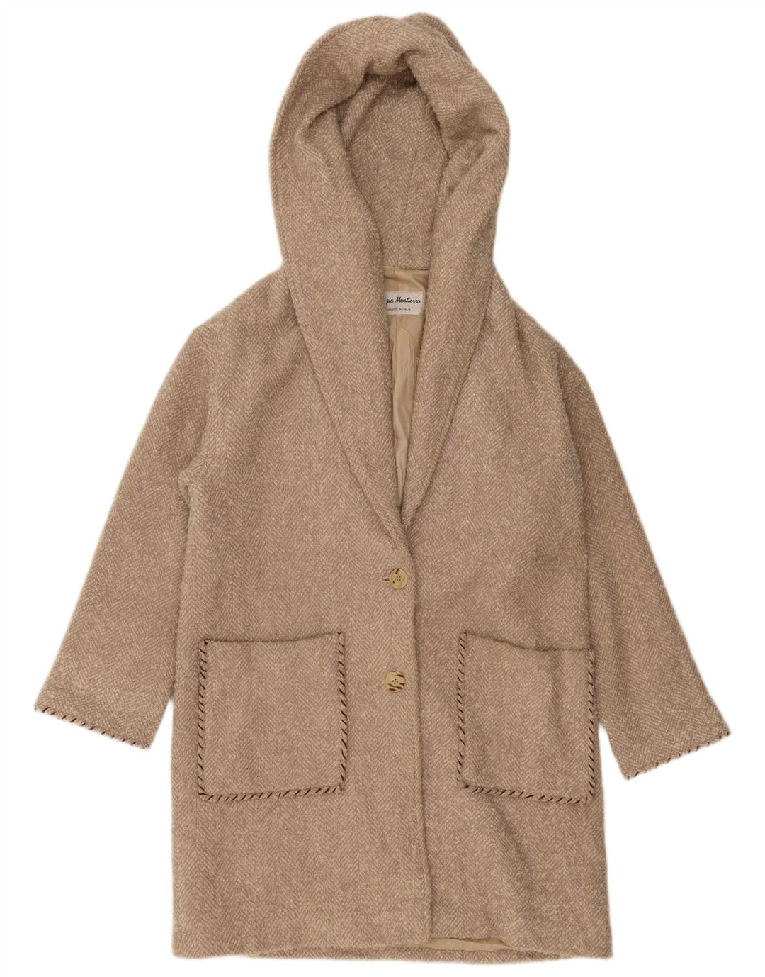 VINTAGE Oversized hætteoverfrakke til kvinder UK 10 Lille beige sildeben