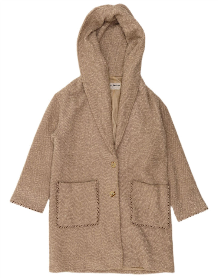 VINTAGE Oversized hætteoverfrakke til kvinder UK 10 Lille beige sildeben