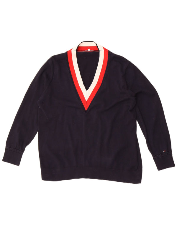 Tommy Hilfiger Dame V-hals sweater UK 18 XL Navy Blue Colourblock