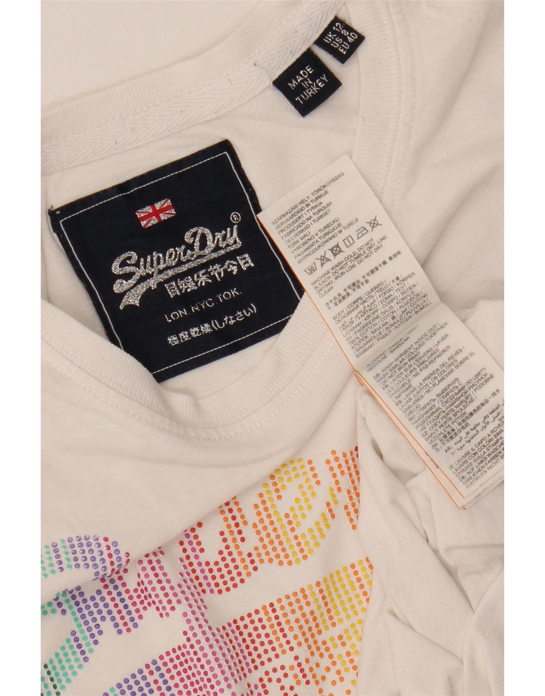 SUPERDRY Grafisk T-shirt top til kvinder UK 12 Medium hvid bomuld