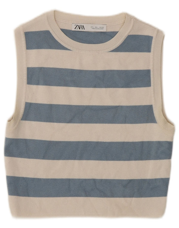 Zara Dame Ærmeløs Crop Top UK 14 Stor blå stribet viskose