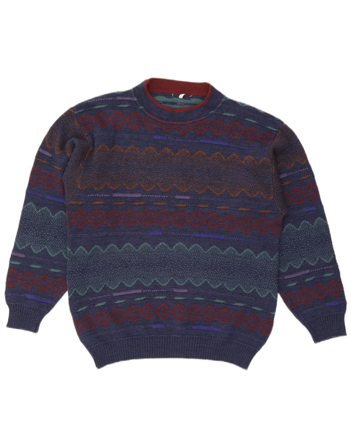 Vintage Herre Turtle Neck Jumper Sweater IT 52 Stor blå geometrisk akryl