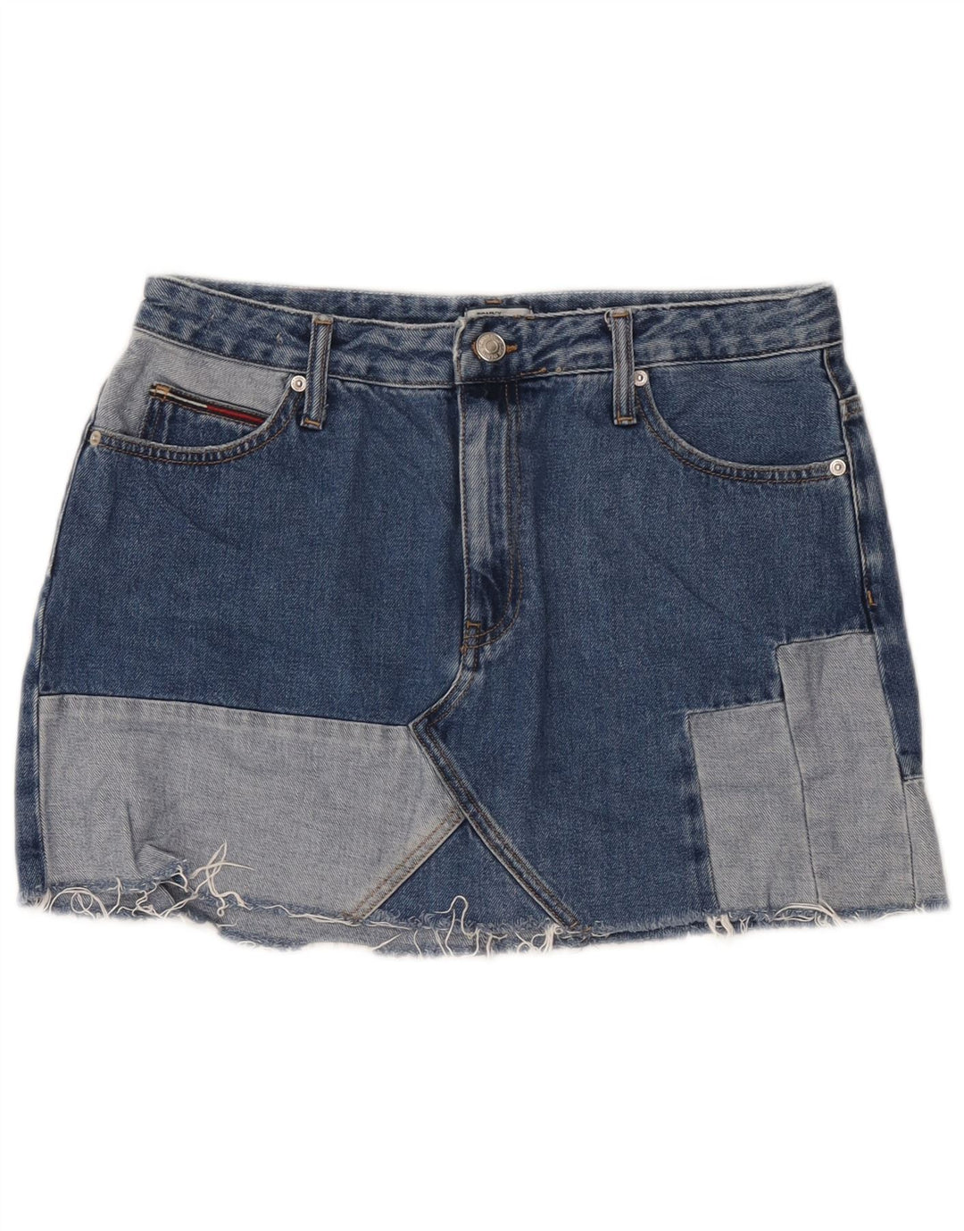Tommy Hilfiger Dame Mini Denim Nederdel Stor W32 Blå Patchwork Bomuld