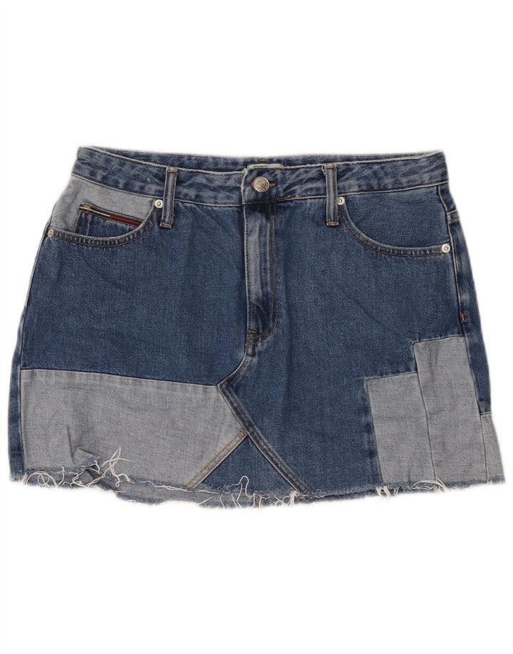 Tommy Hilfiger Dame Mini Denim Nederdel Stor W32 Blå Patchwork Bomuld
