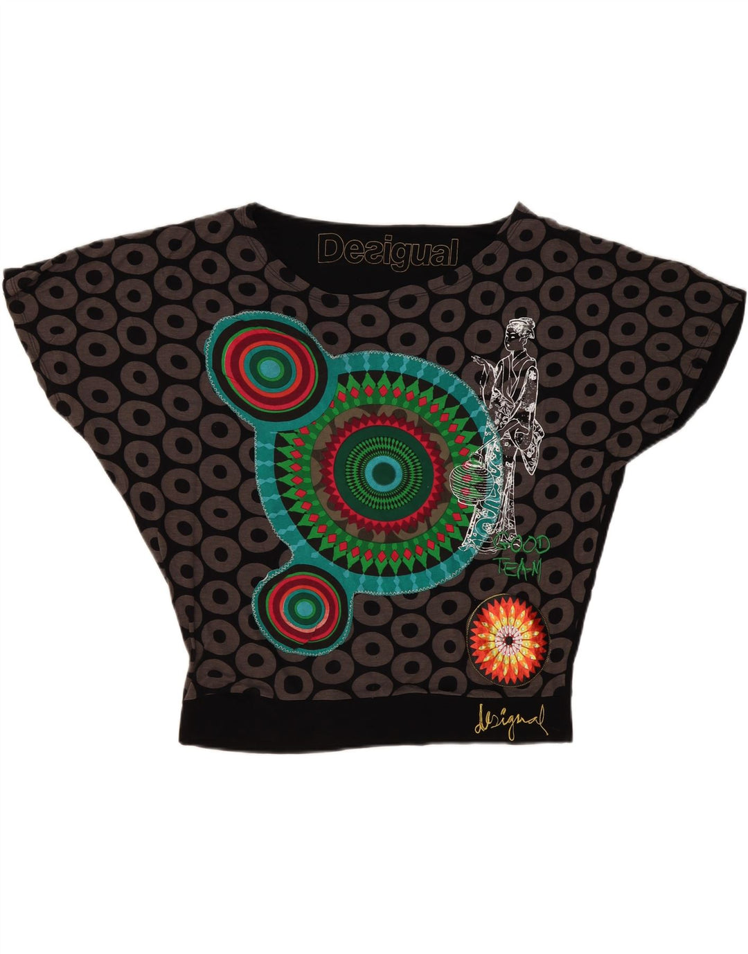 Desigual Dame Grafisk Oversized Bluse Top UK 16 Stor Sort Geometrisk