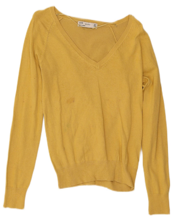 Zara Dame V-hals sweater UK 12 Medium Gul Bomuld