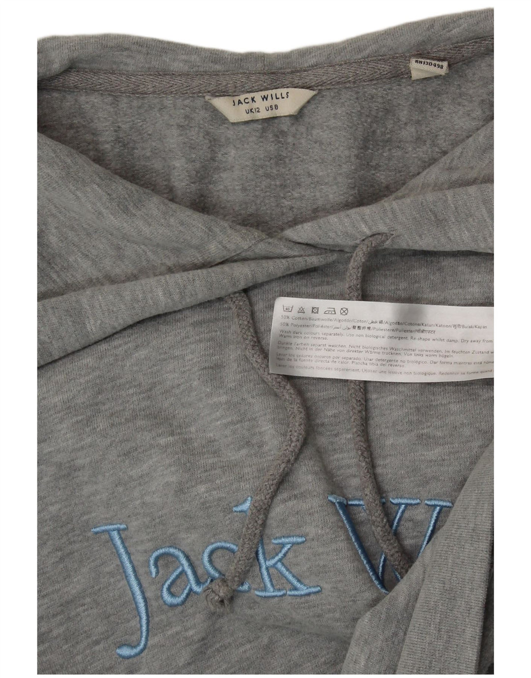 JACK WILLS Dame Crop Grafisk Hoodie Jumper UK 12 Medium Grey Bomuld