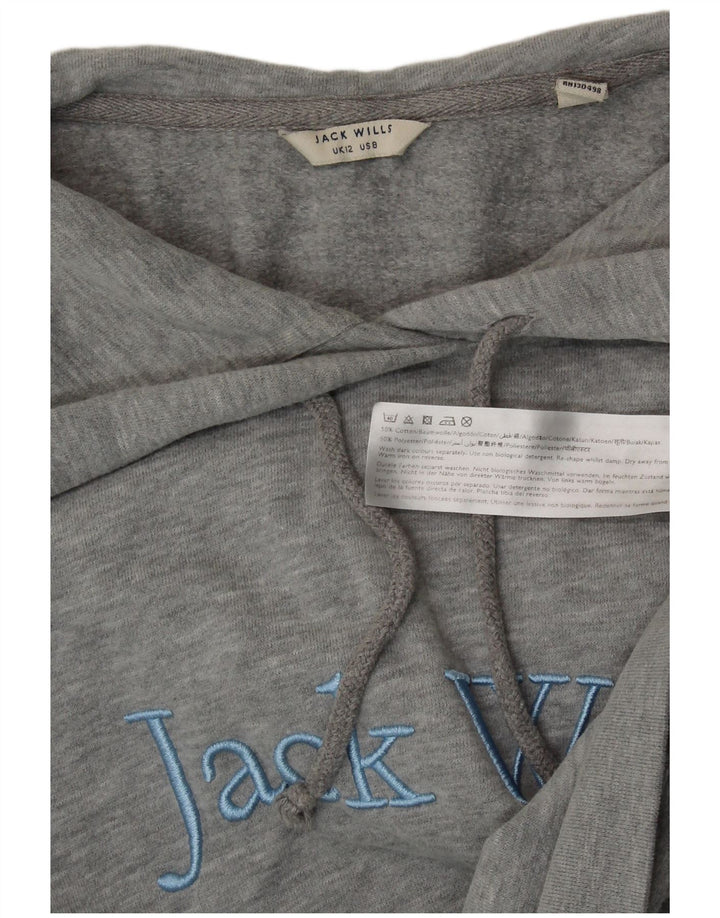 JACK WILLS Dame Crop Grafisk Hoodie Jumper UK 12 Medium Grey Bomuld