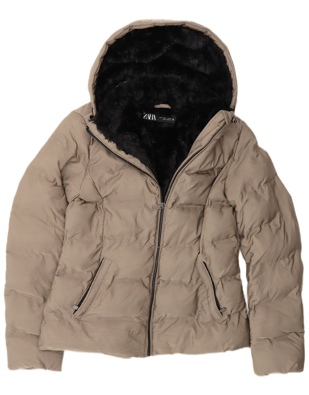 Zara Dame Hætte Sherpa polstret jakke UK 10 Small Grå Polyester